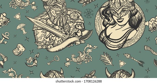 Medieval barbarian and woman warrior. Vikings seamless pattern. Old school tattoo background. Scandinavian culture. Valhalla art. Northern history 