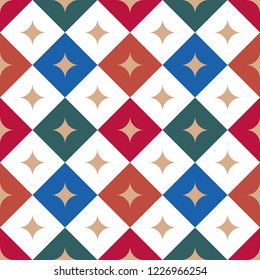 Medieval, baroque, exquisite, tile, mosaic style seamless pattern. Squares of exquisite color with stars.