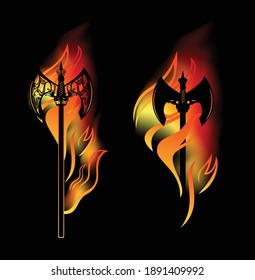 medieval battle axe with burning blade among fire flames - vector fantasy weapon design set