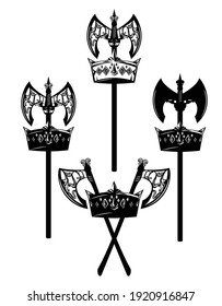 hacha de batalla medieval dentro de la corona real - juego de diseño de vector monocromo de potencia rey