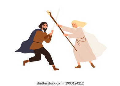 Batalla medieval o duelo entre el bien y el mal. Hombre y mago armados con espada y lanzas luchando en torneo. Peleantes personajes de cuentos de hadas. Ilustración vectorial plana aislada en fondo blanco