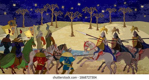 Medieval battle scene. Ancient book vector illustration. Middle Ages, parchment concept. Historical miniature art. Knights, cavalry. Siege of the castle 