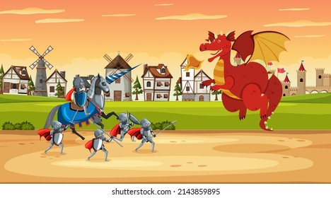 Medieval Battle Scene In Cartoon Style Illustration