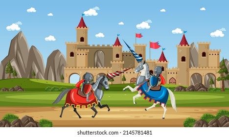 Medieval Battle Scene In Cartoon Style Illustration