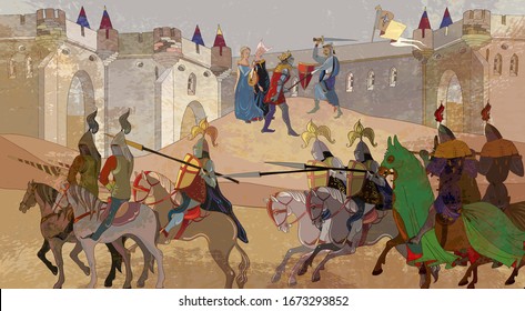 Medieval battle scene. Crusade. Knights, cavalry, archers. Middle Ages, parchment concept. Historical miniature art. Siege of the castle. Ancient book vector illustration 