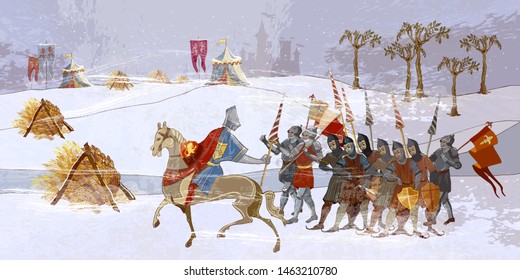 Medieval battle scene. Crusaders warriors and soldiers go to war. Holy Grail. Cold winter of the Middle Ages, parchment style. Historical crusades. Ancient book vector illustration  