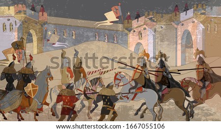 Medieval battle scene. Knights, cavalry, archers. Middle Ages, parchment concept. Historical miniature art. Siege of the castle. Ancient book vector illustration 