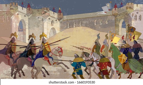 Medieval battle scene. Riders, archers. Fight at the ancient castle. Crusaders in an armor. Ancient book vector illustration. Middle Ages, parchment concept. Historical miniature art 