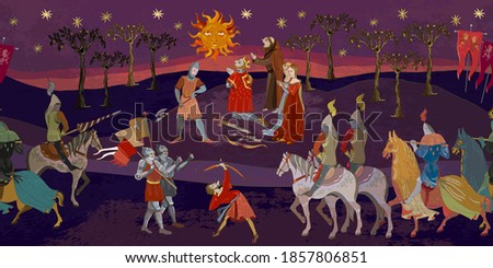 Medieval battle scene. Seamless pattern. Middle Ages, parchment concept. Historical miniature art. Knights and cavalry. Siege of the castle. Ancient book vector illustration 