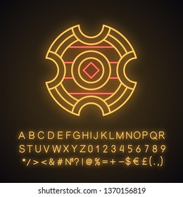Medieval battle shield neon light icon. Knight guard. Protection from melee weapon and arrows. Warrior personal armor. Glowing sign with alphabet, numbers and symbols. Vector isolated illustration