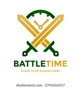 Medieval battle time logo featuring crossed swords and a clock face, perfect for gaming, history, or deadline-oriented concepts.
