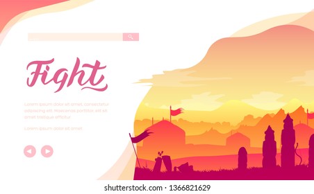 Medieval battlefield with shield, arrows, flag on ground at sunset or sunrise. Panorama of ancient warcamp with knight fight munition. Vector template for historical projects. Place for text.