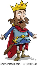 medieval bearded king with golden crown and red cape