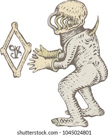 Medieval bestiary set. A vintage set of mysterious beasts. Surrealistic creation, drawn by hand. Toned background, watercolor painting. Image suitable for tattoos. Enigmatic being.