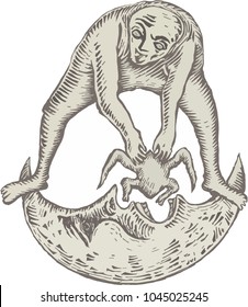 Medieval bestiary set. A vintage set of mysterious beasts. Surrealistic creation, drawn by hand. Toned background, watercolor painting. Image suitable for tattoos. Enigmatic being.