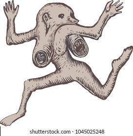 Medieval bestiary set. A vintage set of mysterious beasts. Surrealistic creation, drawn by hand. Toned background, watercolor painting. Image suitable for tattoos. Enigmatic being.