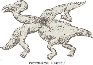Medieval bestiary set. A vintage set of mysterious beasts. Surrealistic creation, drawn by hand. Toned background, watercolor painting. Image suitable for tattoos. Enigmatic being.