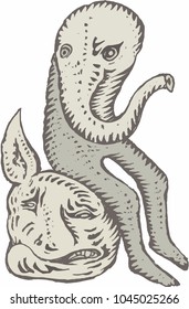 Medieval bestiary set. A vintage set of mysterious beasts. Surrealistic creation, drawn by hand. Toned background, watercolor painting. Image suitable for tattoos. Enigmatic being.