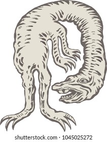 Medieval bestiary set. A vintage set of mysterious beasts. Surrealistic creation, drawn by hand. Toned background, watercolor painting. Image suitable for tattoos. Enigmatic being.