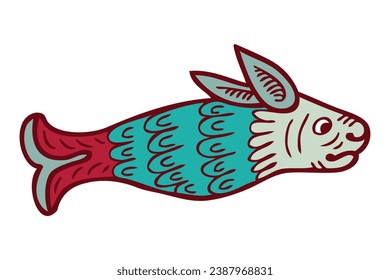 Medieval bestiary style art of hare fish animal doodle. Perfect for tee, sticker, card, poster. Hand drawn isolated vector illustration.



