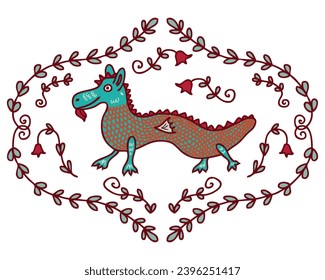 Medieval bestiary style cartoon dragon isolated vector illustration. Hand drawn surrealistic creation. 



