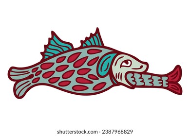 Medieval bestiary style doodle art of animal fish seal eats fish. Perfect for tee, sticker, card, poster. Hand drawn isolated vector illustration.



