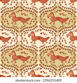 Medieval bestiary style dragons mysterious beasts doodle seamless pattern. Surrealistic print for tee, paper, textile and fabric. Hand drawn vector illustration.


