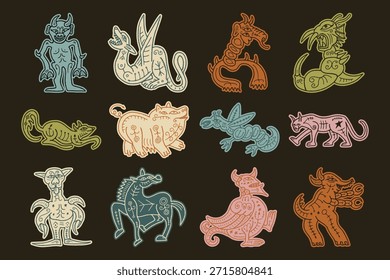 Medieval bestiary style hand drawn mythological creatures and monsters set