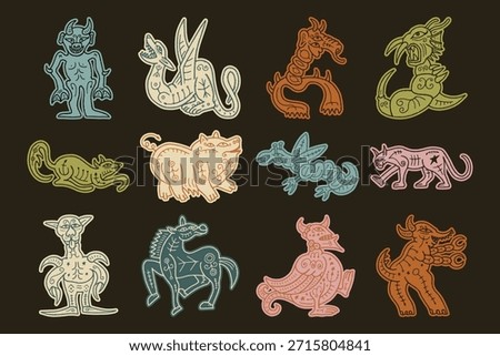 Medieval bestiary style hand drawn mythological creatures and monsters set