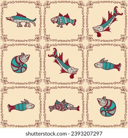 Medieval bestiary style pattern of aquatic beast and sea monsters. Doodle ancient print for tee, paper, textile and fabric. Hand drawn vector illustration.


