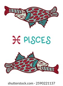 Medieval bestiary style Pisces zodiac horoscope symbol. Perfect print for tee, sticker, card, poster. Hand drawn vector illustration.