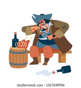 Medieval big man. Scary pirate eats meat with pleasure with a knife in his hand. The character of the pirate. Vector illustration of flat cartoon on white background