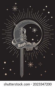 medieval black and gold sword with bold border in cartoon style with moon and tape