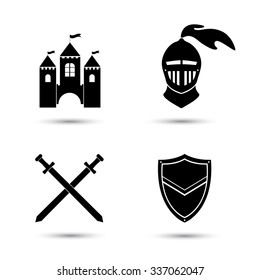 Medieval black icons set isolated  on white. Old castle. Knight shield and sword