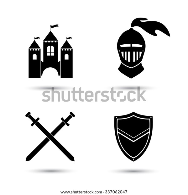 白い背景に中世の黒いアイコンセット 古い城 騎士の盾と剣 のベクター画像素材 ロイヤリティフリー
