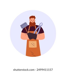 Herrero medieval en un delantal con un martillo y pinzas en un marco redondo. Ilustración vectorial de un ícono de personaje con una barba de cerca. Estilo plano sobre fondo aislado.