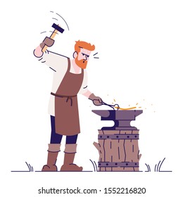 Medieval blacksmith flat vector illustration. Smith working with hammer and anvil isolated cartoon character with outline elements on white background. Historical, fairytale craftsman