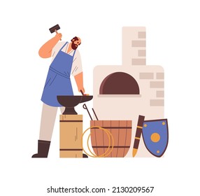 Medieval blacksmith working with hot metal, iron and hammer. Ancient smith in forge workshop. Professional artisan in apron in anvil, workroom. Flat vector illustration isolated on white background