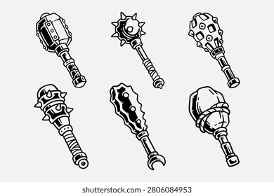 Medieval bludgeon weapons retro engraved illustrations for adventure. Medieval maces and flails hand drawn element design set for outdoor. Melee mace weapons vintage symbol designs for historical