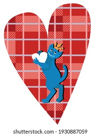 Un gato azul medieval con dientes afilados sostiene un corazón blanco en sus garras contra un corazón a cuadros