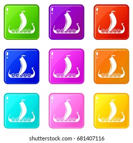 Medieval boat icons of 9 color set isolated vector illustration