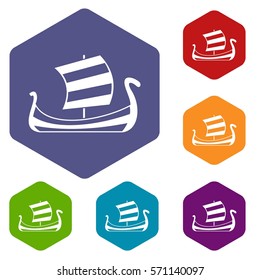 Medieval boat icons set rhombus in different colors isolated on white background