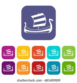 Medieval boat icons set vector illustration in flat style in colors red, blue, green, and other
