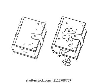 Medieval book logo with metal corners and clasp, clover logo. Isolated vector black line element. 