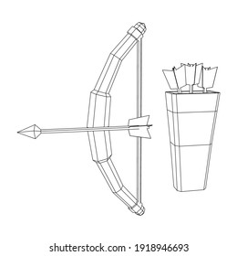 Arma de arco y arco de flecha medieval. Ilustración vectorial de malla baja de malla de malla de alambre.