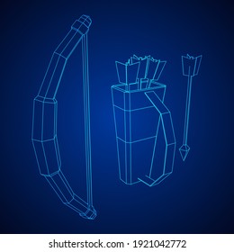 Arma de arco y arco de flecha medieval. Ilustración vectorial de malla baja de malla de malla de alambre.