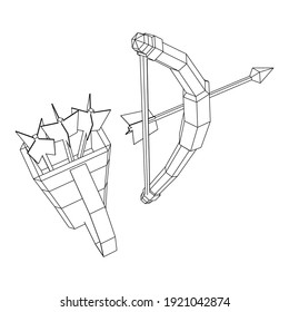 Mittelalterliche Bogenwaffe und Pfeilerwaffe. Wireframe Low-Poly-Mesh, Vektorgrafik.