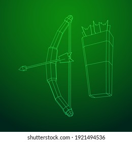 Medieval Bow and arrow archer weapon. Wireframe low poly mesh vector illustration.