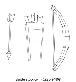 Arma de arco y arco de flecha medieval. Ilustración vectorial de malla baja de malla de malla de alambre.