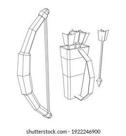 Mittelalterliche Bogenwaffe und Pfeilerwaffe. Wireframe Low-Poly-Mesh, Vektorgrafik.